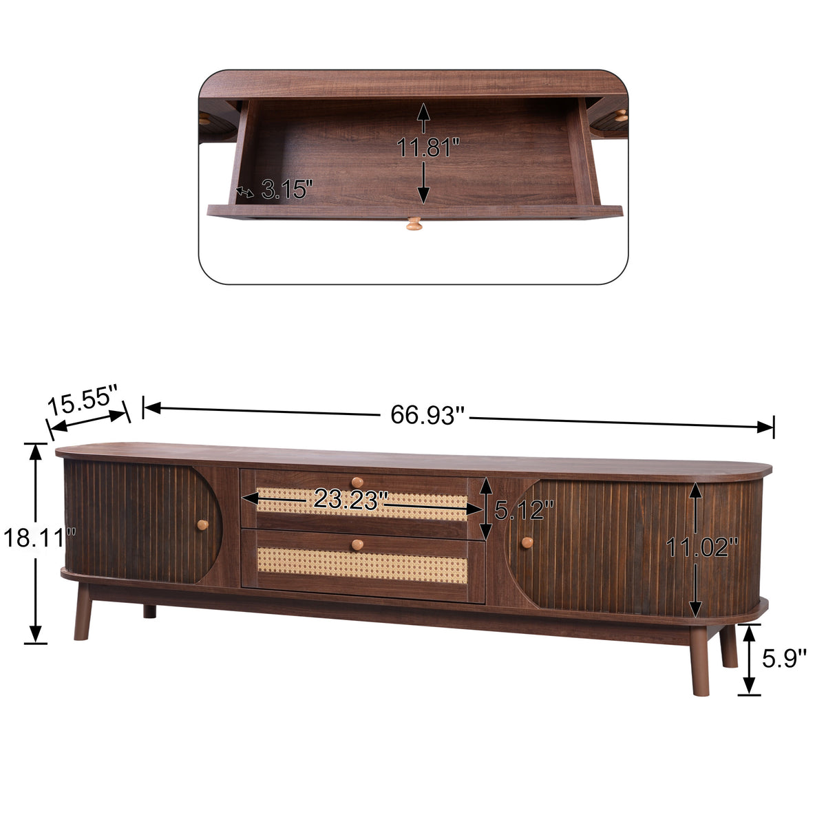 Milo Fluted Rattan Media Credenza, Walnut Brown
