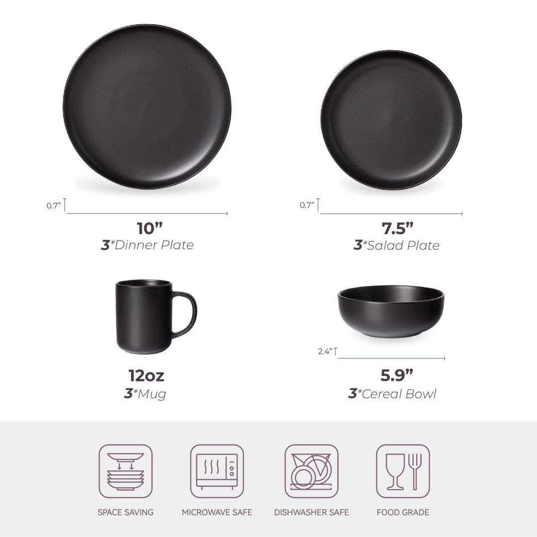Virelli Matte Stoneware Dinnerware Set (12-Piece), Black