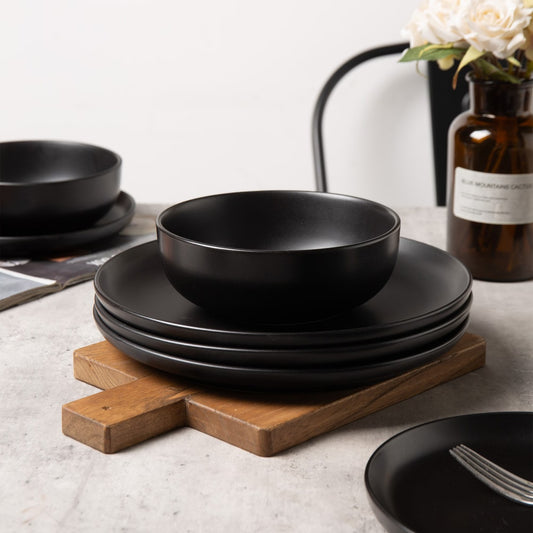 Virelli Matte Stoneware Dinnerware Set (12-Piece), Black