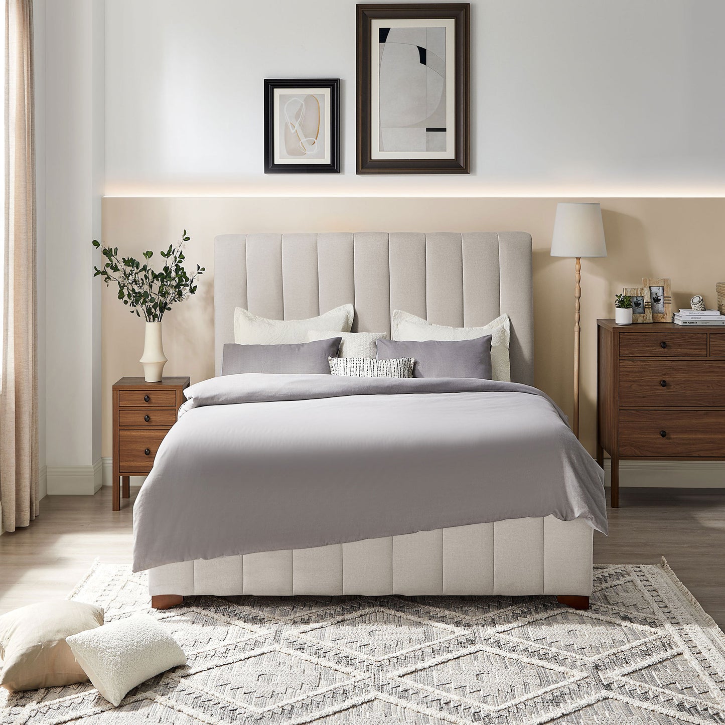 Beark Upholstered Full Size Bed Frame, White