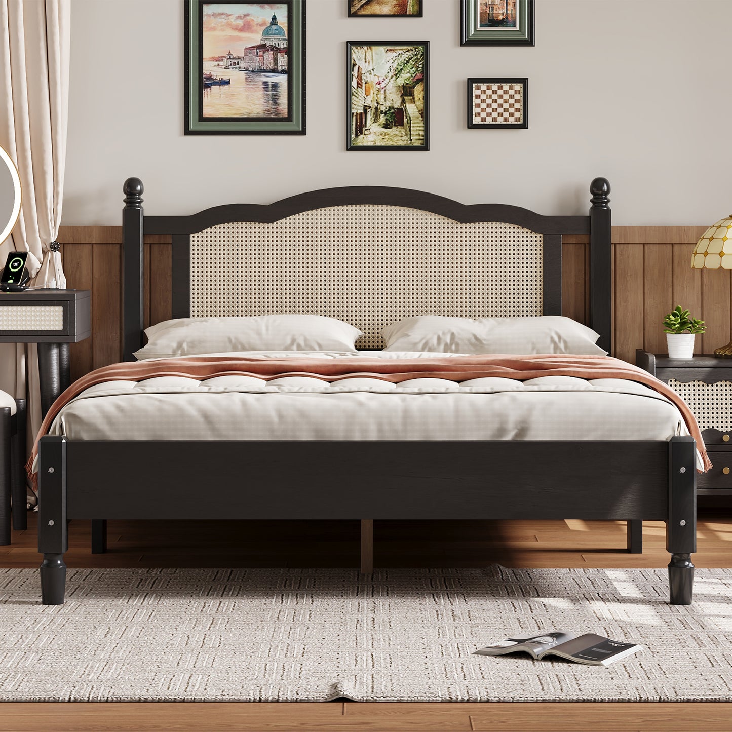 Jusu Rattan Headboard Queen Sized Bed, Black