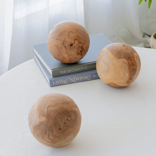 Organic Teak Wood Sculptural Spheres, Set of 3