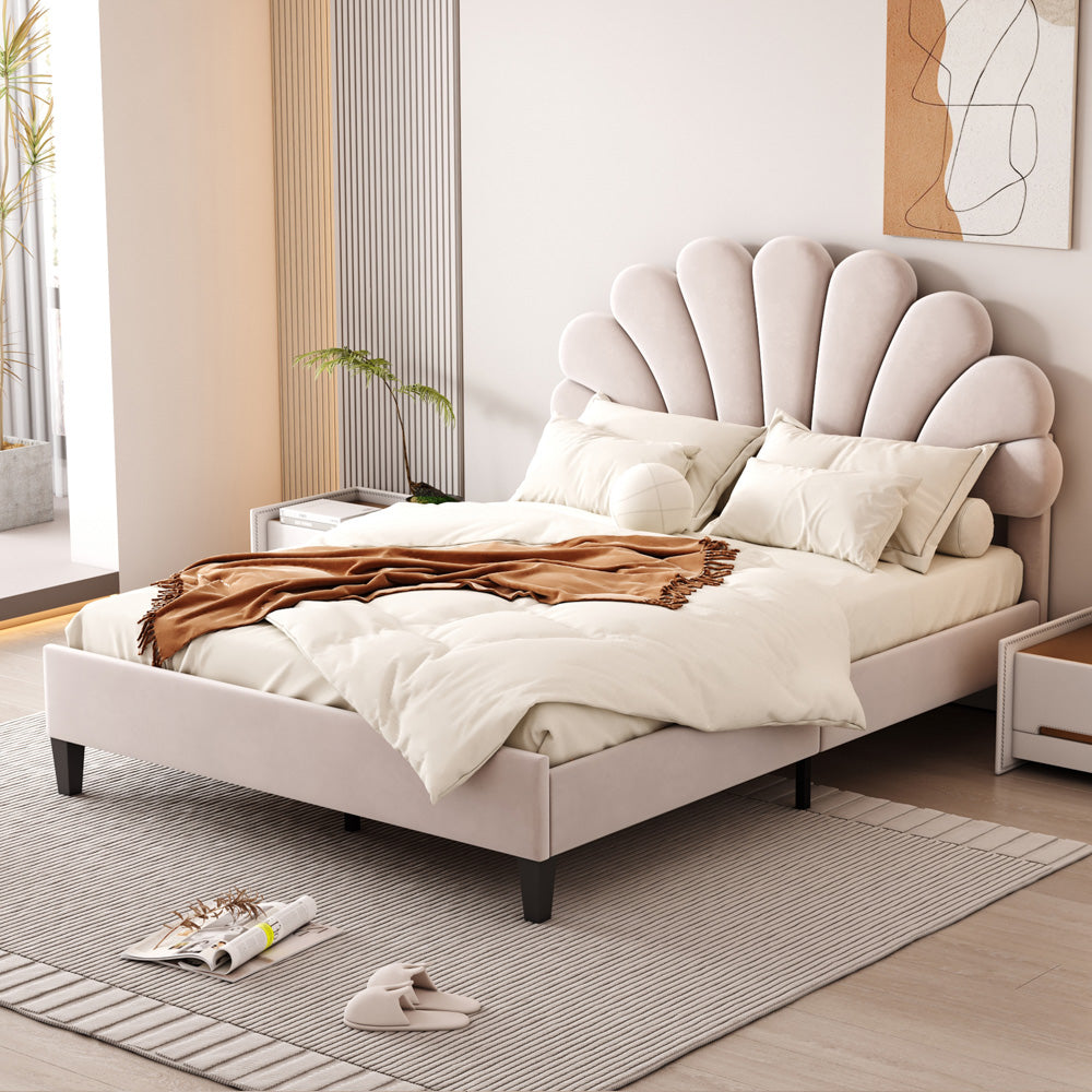 Pearl Velvet Upholstered Platform Full Size Bed, Beige