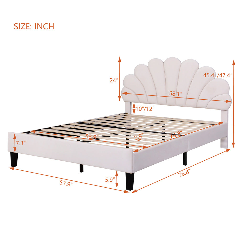 Pearl Velvet Upholstered Platform Full Size Bed, Beige