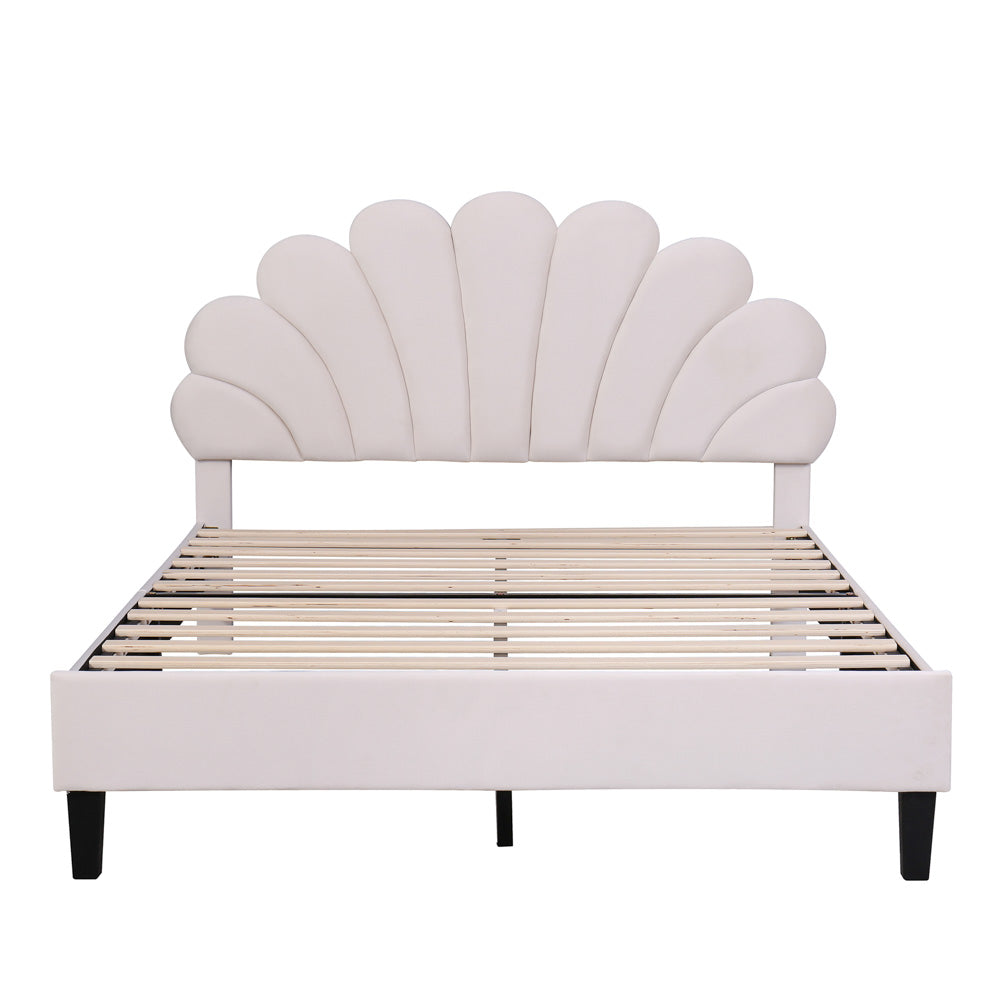 Pearl Velvet Upholstered Platform Full Size Bed, Beige