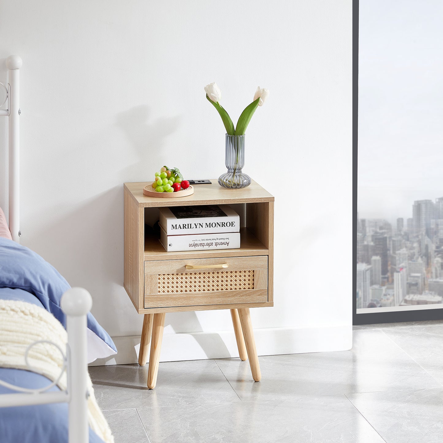 Rattan End table with Power Outlet & USB Ports, Natural