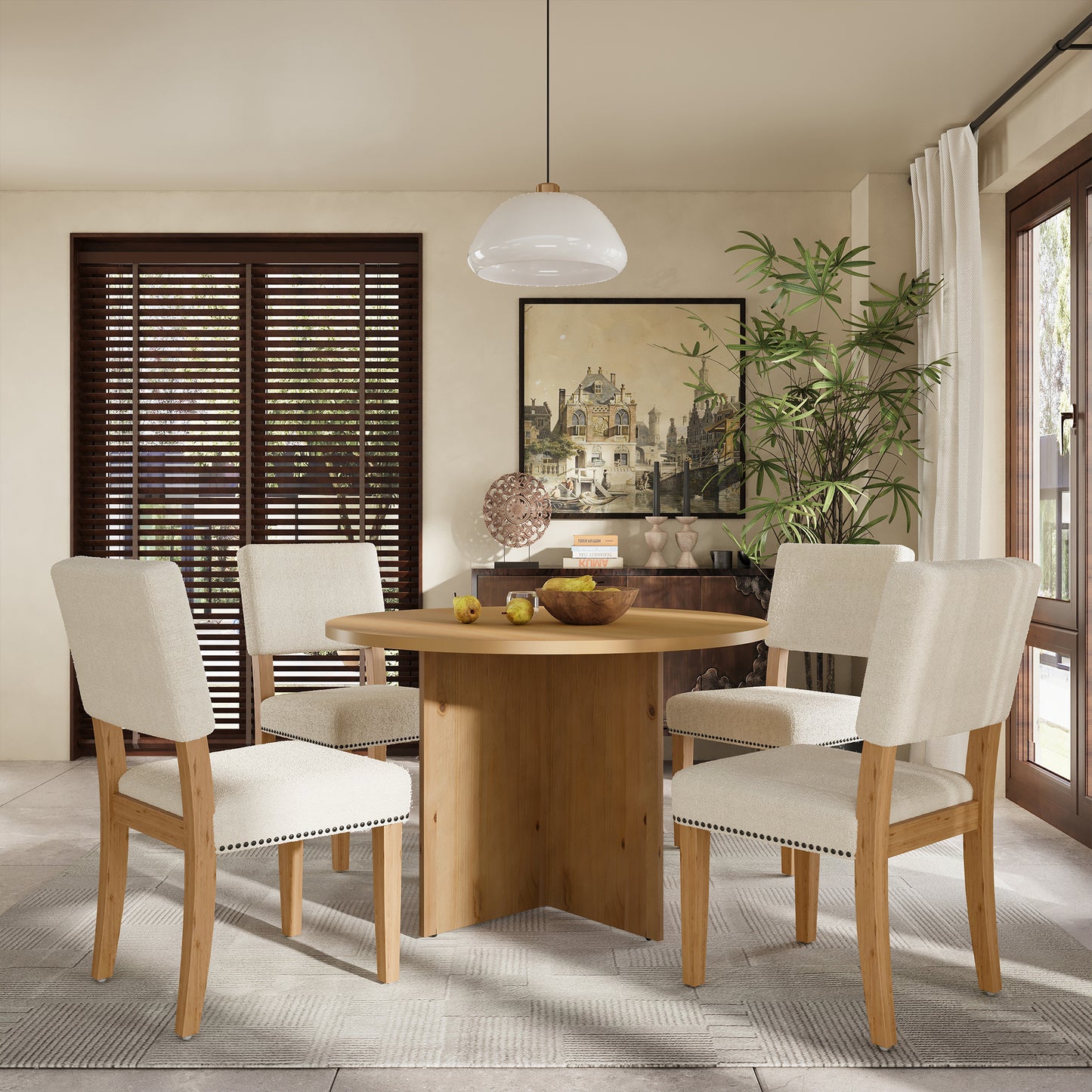 Modern 5-Piece Round Dining Table Set, Natural