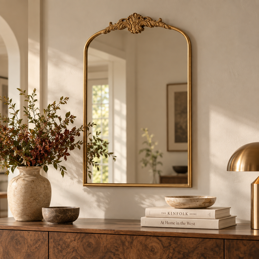 Amelie Ornate Arched Wall Mirror, Antique Gold