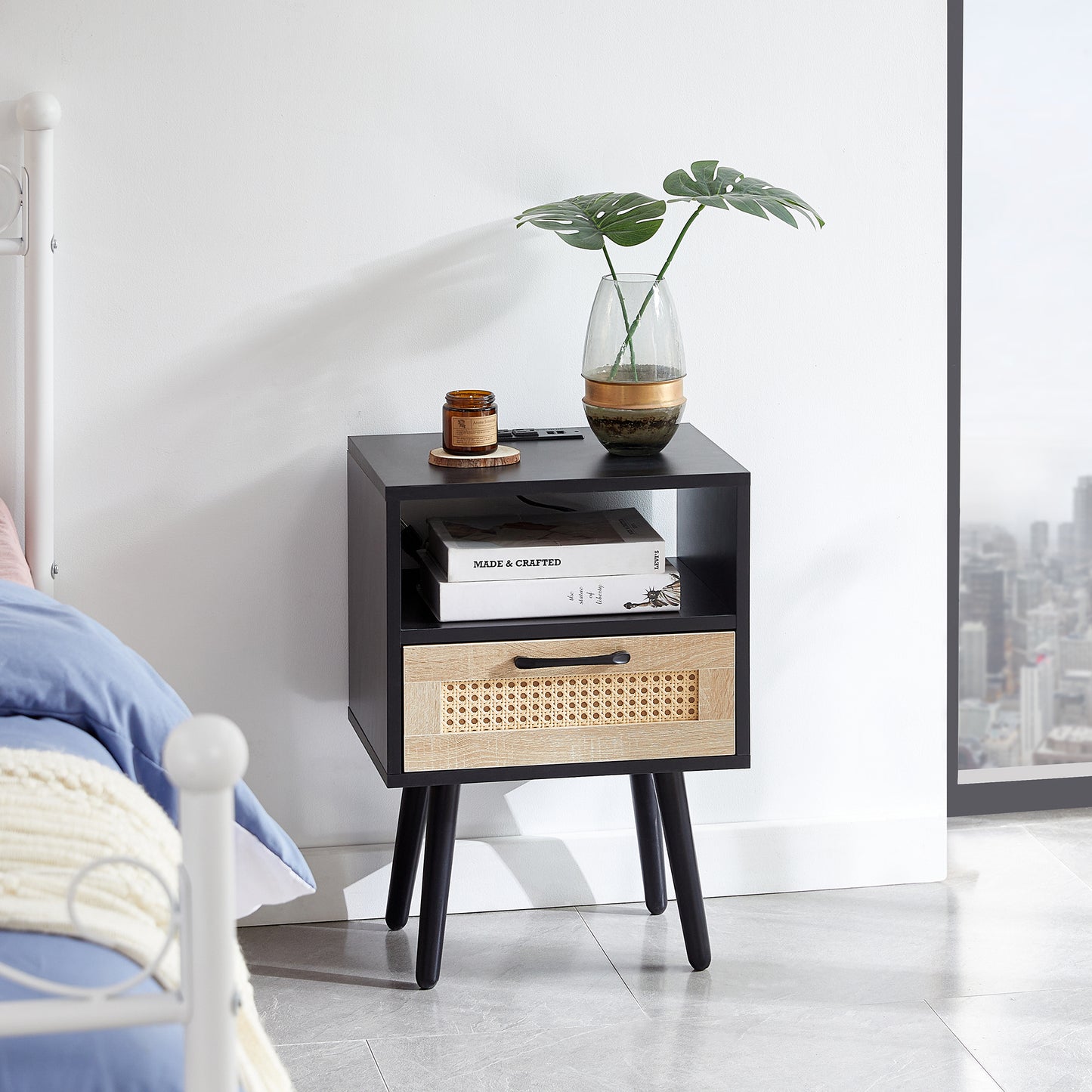 Rattan End table with Power Outlet & USB Ports, Black