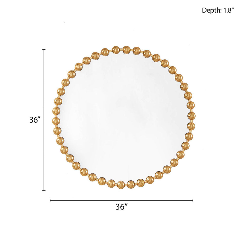 Gold Beaded Round Wall Mirror – 36” Decorative Accent Mirror