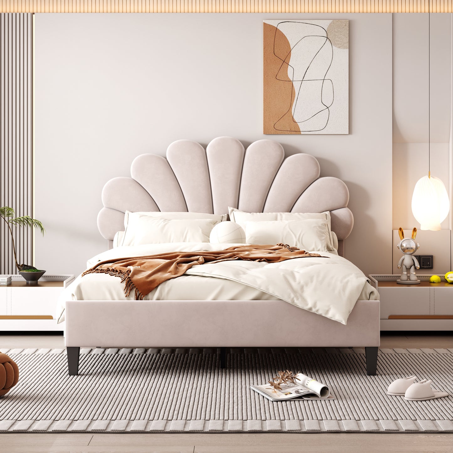Pearl Velvet Upholstered Platform Full Size Bed, Beige