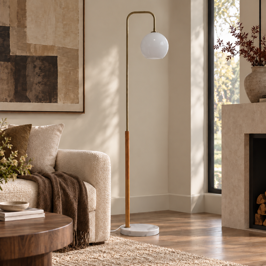 Liora Globe Floor Lamp, Walnut & Brass