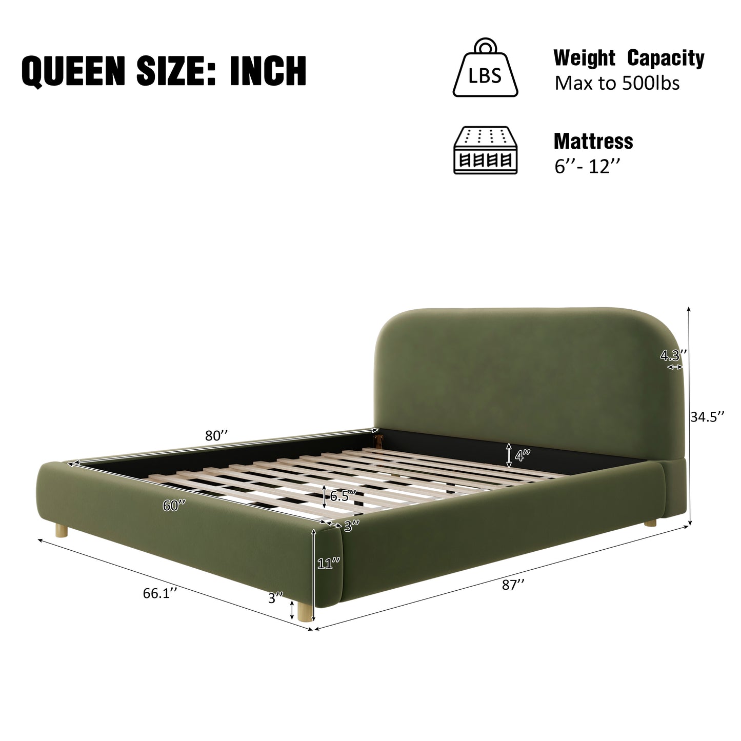 Aveline Velvet Platform Queen Bed, Olive Green