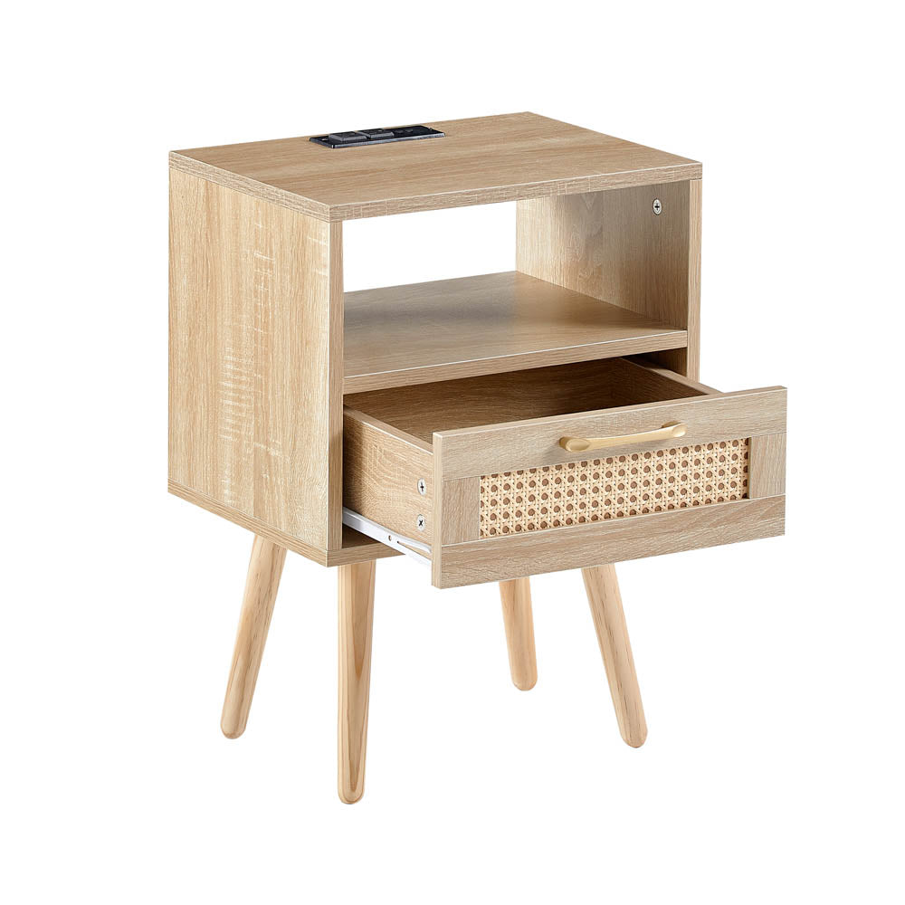 Rattan End table with Power Outlet & USB Ports, Natural