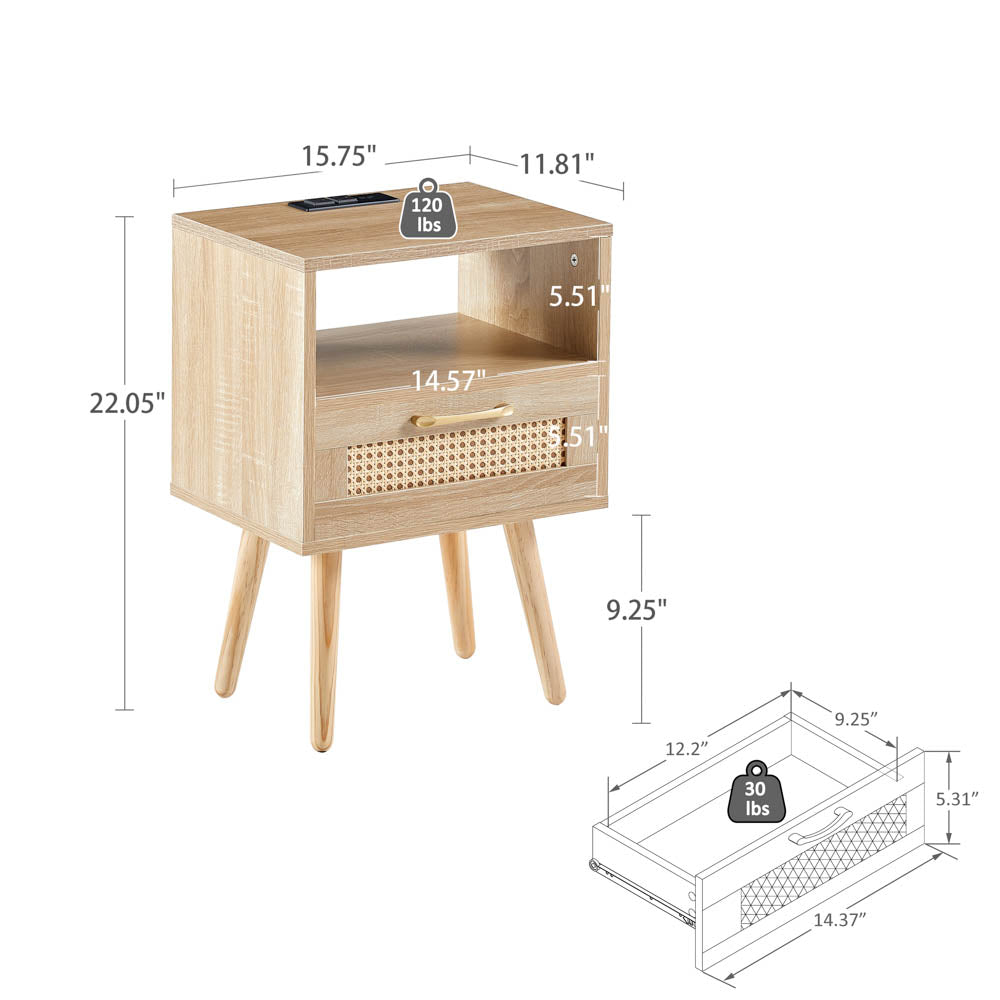 Rattan End table with Power Outlet & USB Ports, Natural