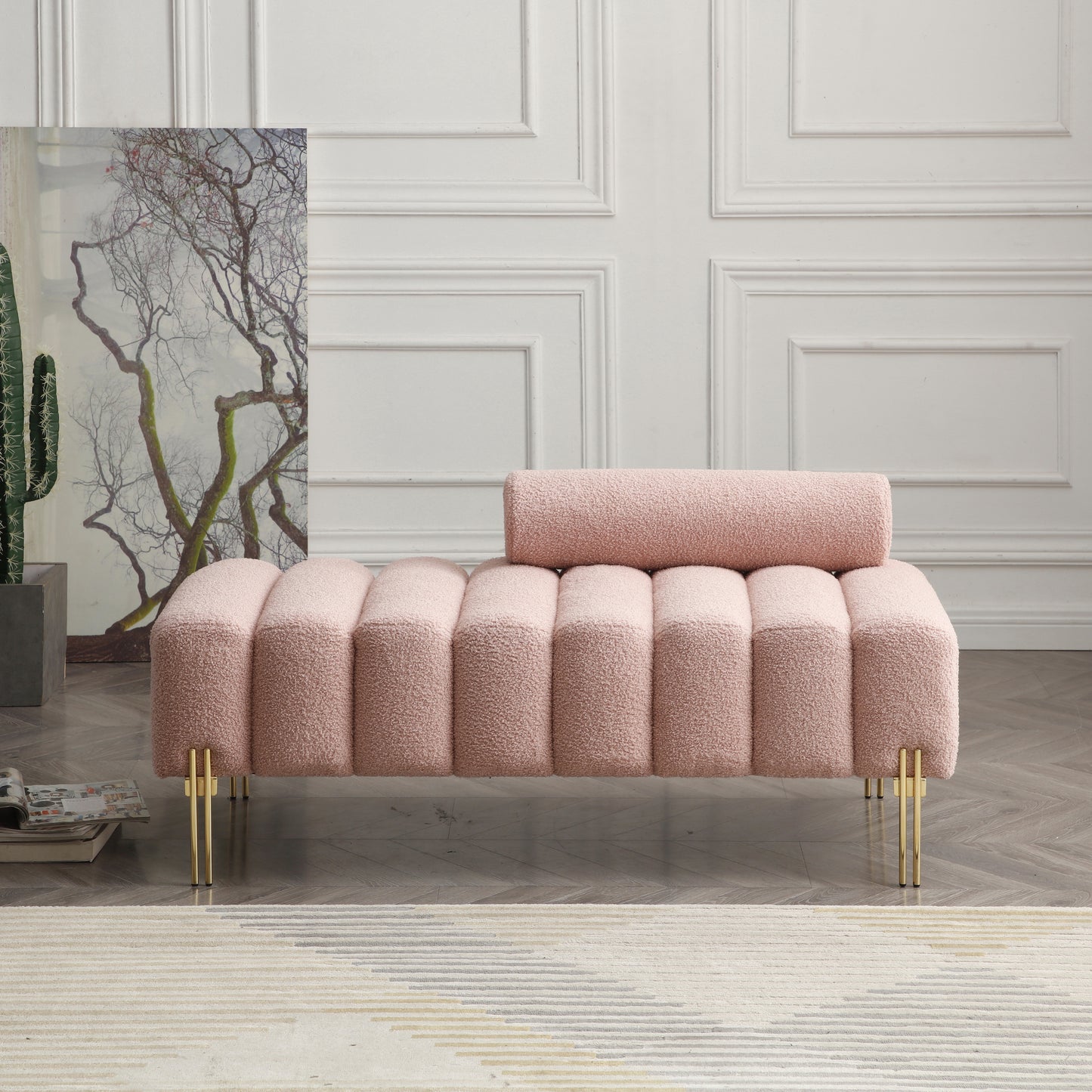 Channel Upholstered Faux Sherpa Bench