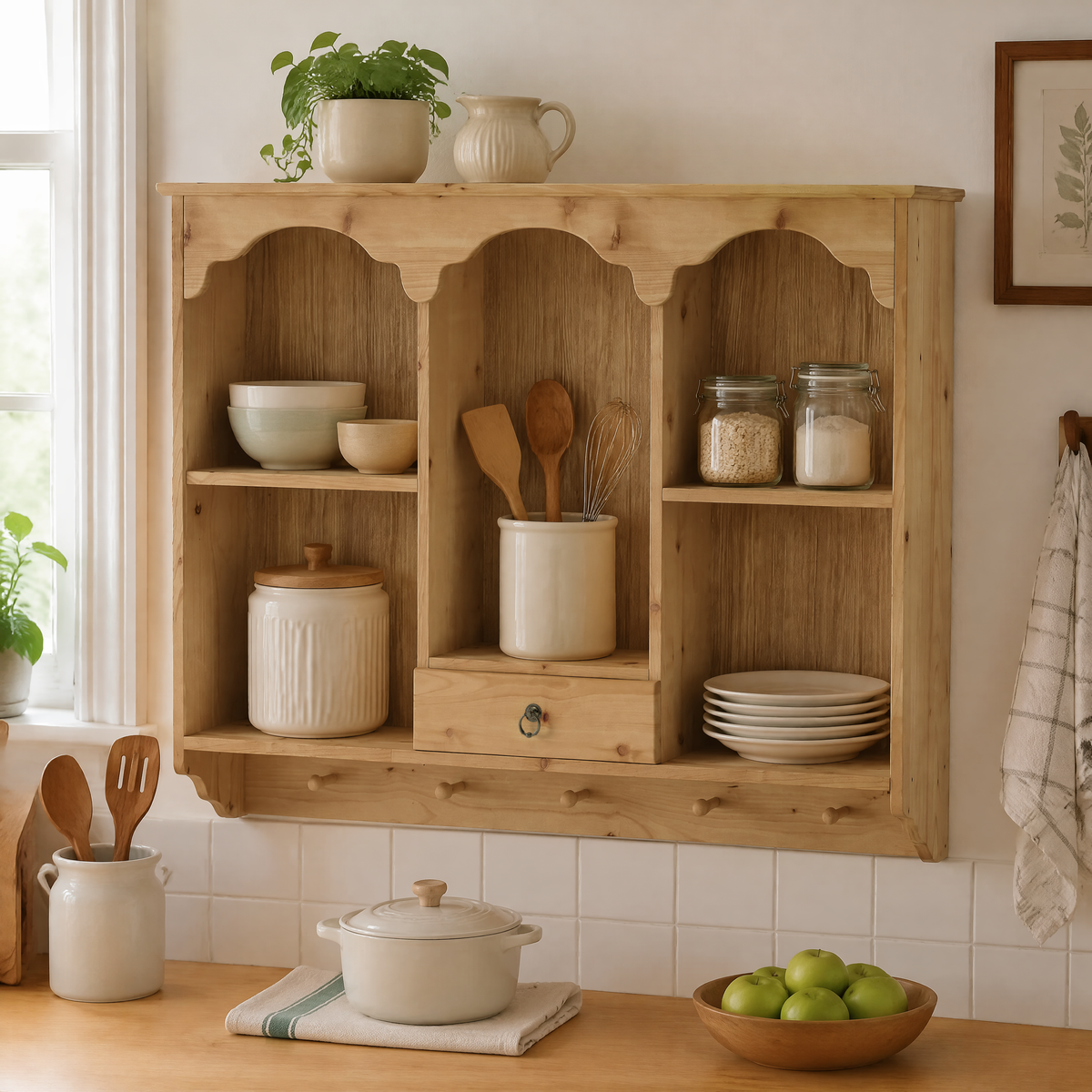 Elodie Scalloped Wood Wall Shelf, Natural Finish