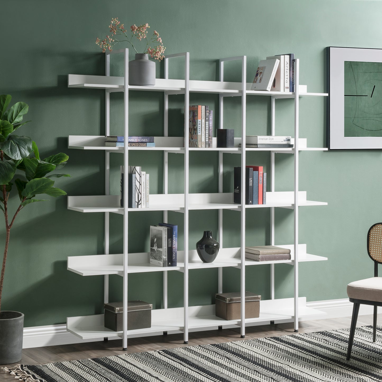 Elias 71" Metal & Wood 5-Tier Bookcase - White