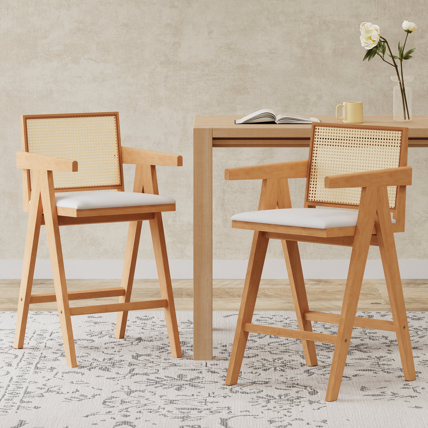 Cannes Set of 2 Cane Bar Stools, Natural