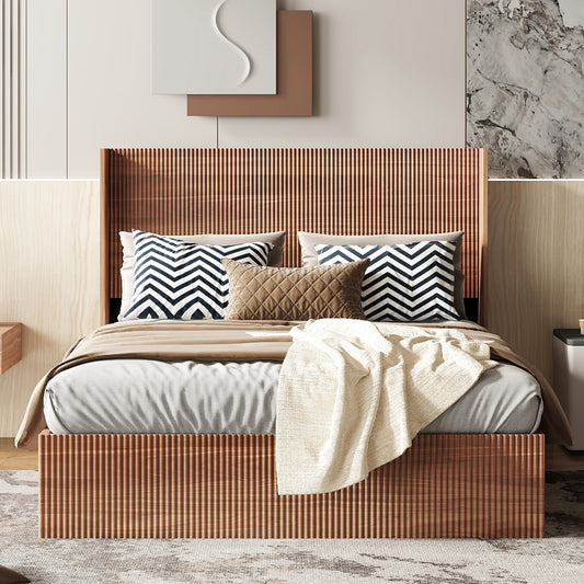 Groove Slat Queen Bed With Lift Storage, Walnut