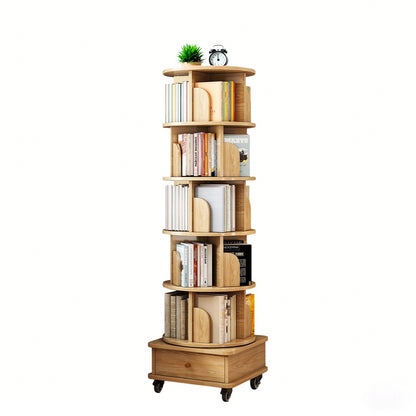 Nova 360° Rotating Bookcase with Drawer – Natural Wood
