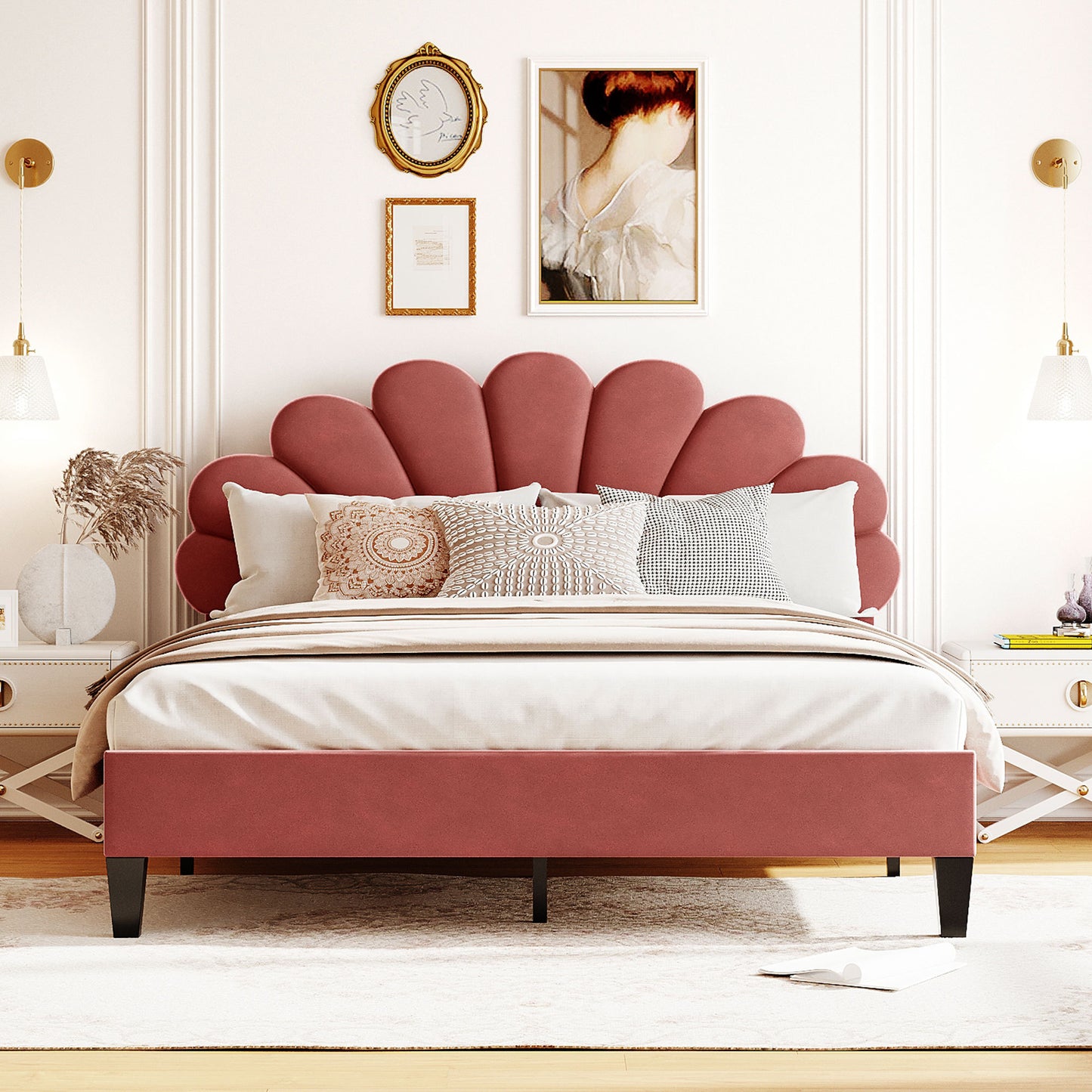 Pearl Velvet Upholstered Platform Queen Bed, Terracotta Red