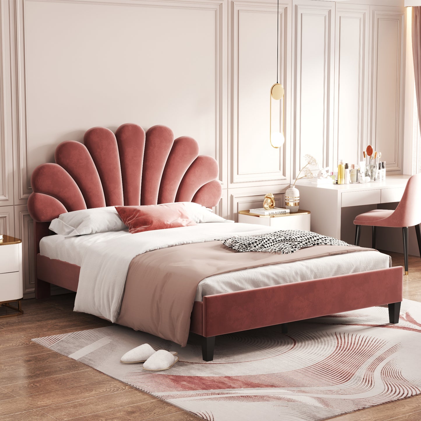 Petal Velvet Platform Full Bed, Terracotta Red