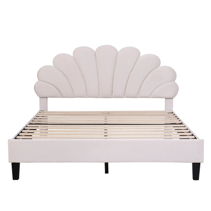 Petal Velvet Platform Queen Bed, Beige