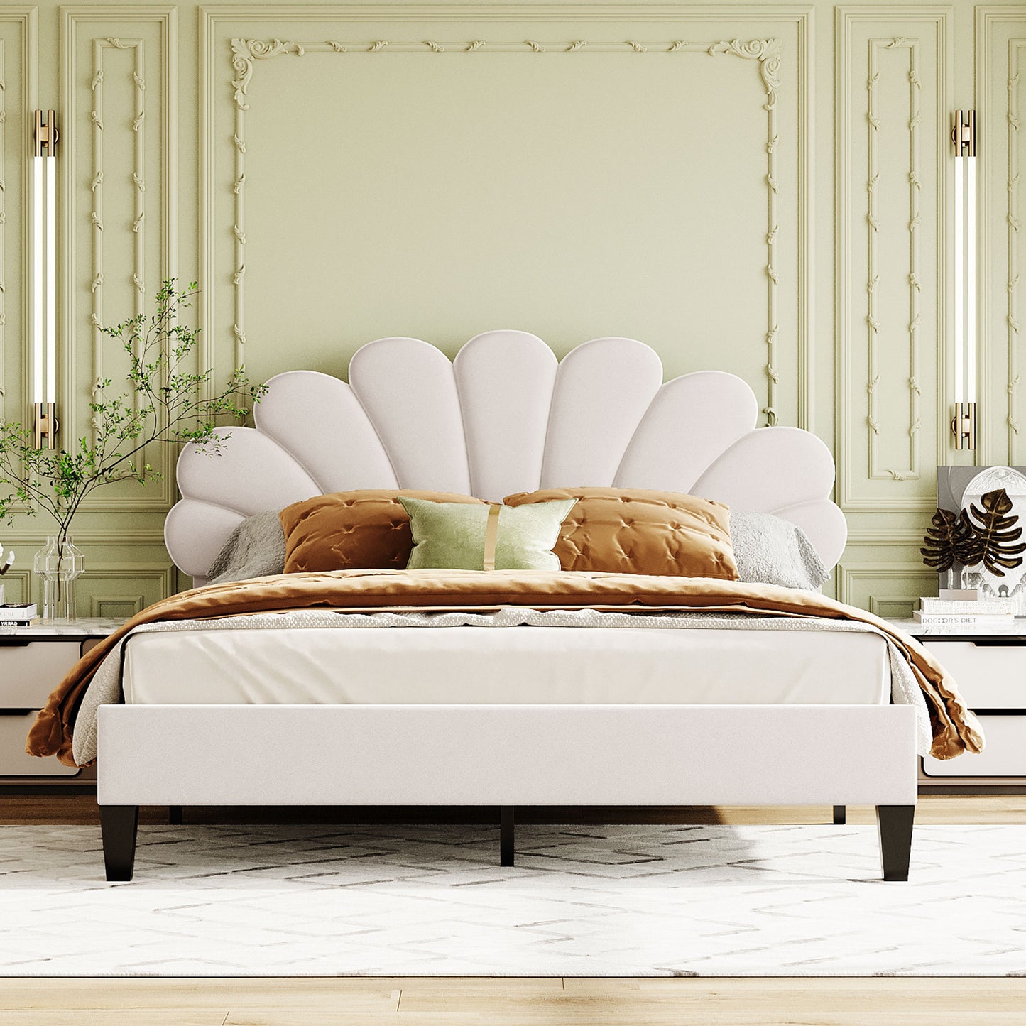 Petal Velvet Platform Queen Bed, Beige