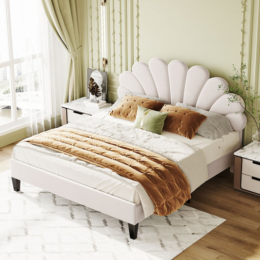 Petal Velvet Platform Queen Bed, Beige