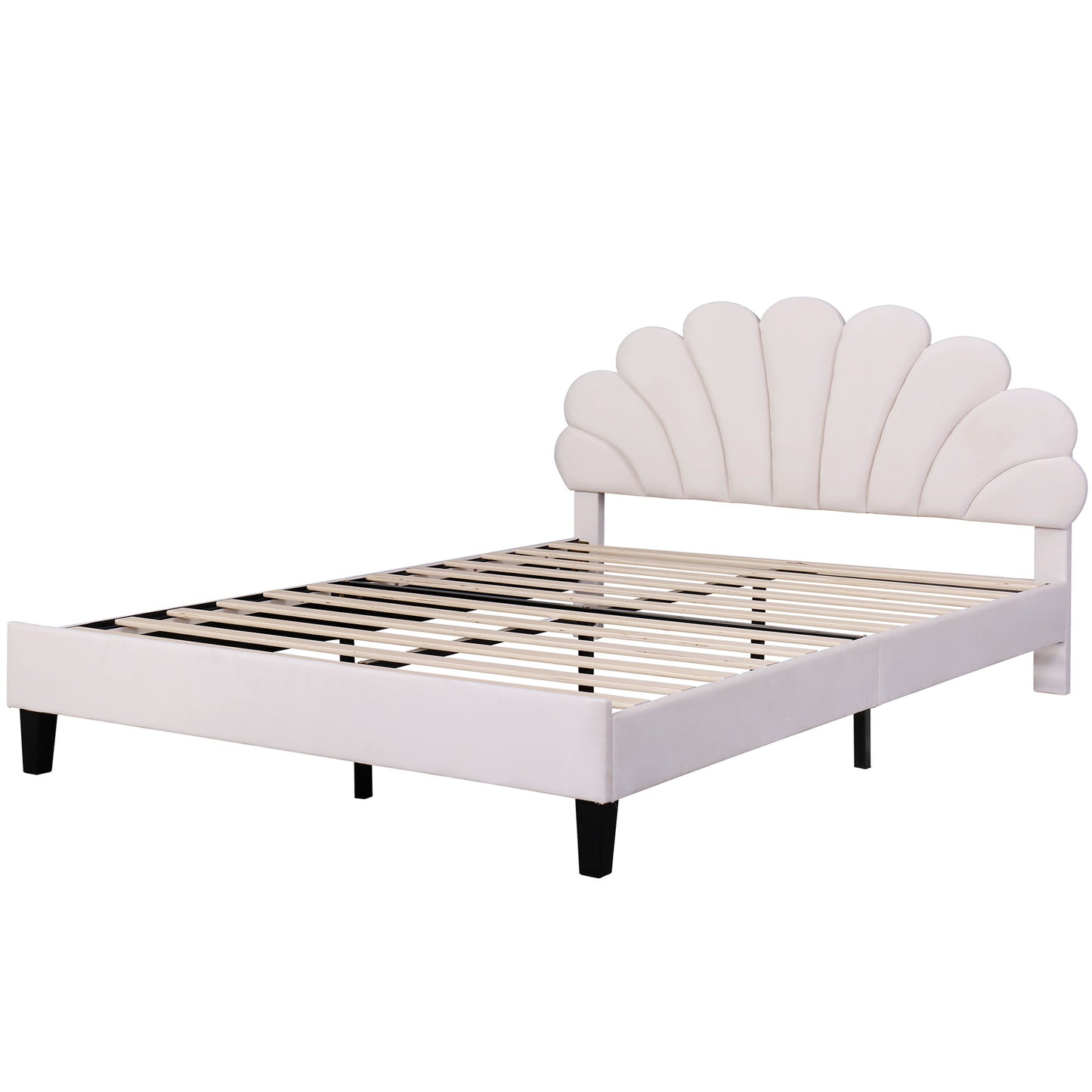 Petal Velvet Platform Queen Bed, Beige