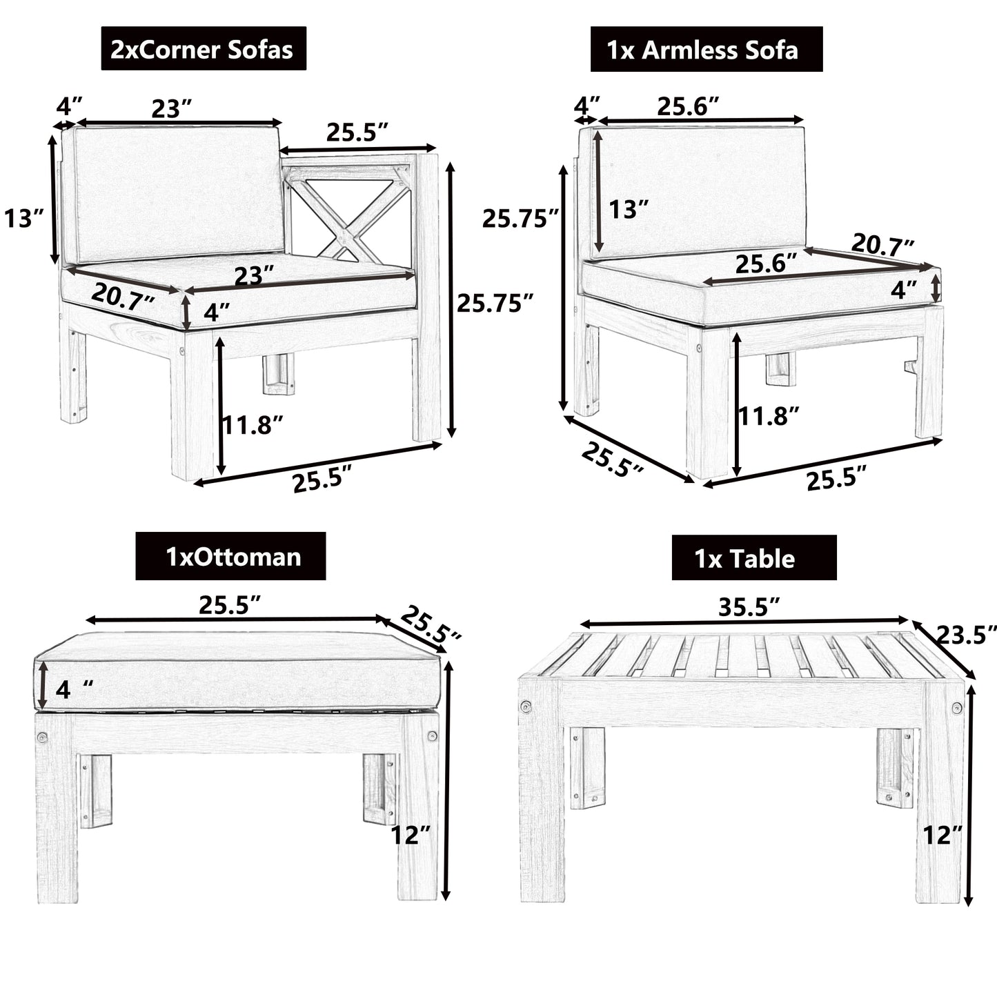 Aldara Acacia Wood Outdoor Sectional, 5 Piece Set
