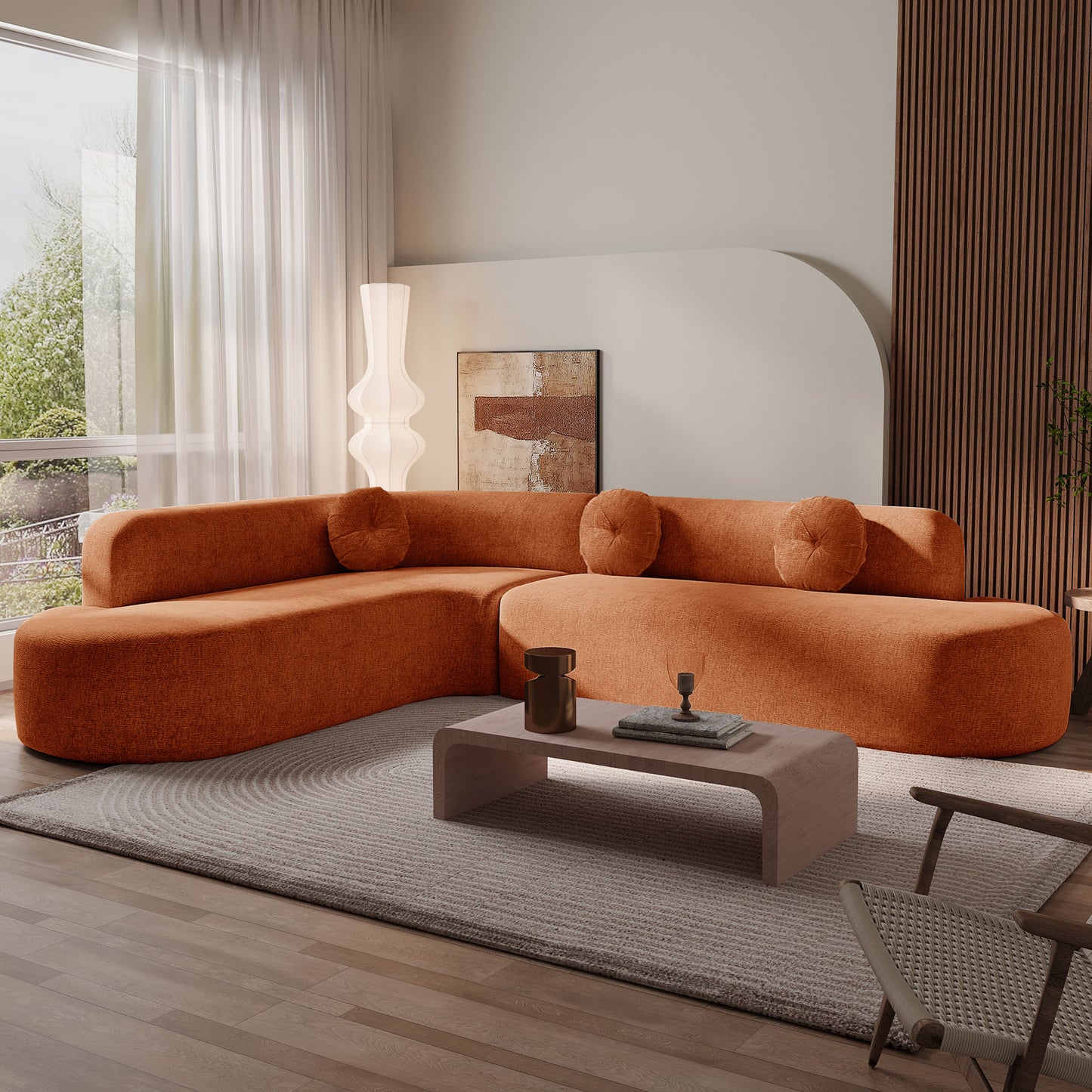 122” Modern Curved 4-Seat Sectional With Accent Pillows, Burnt Orange