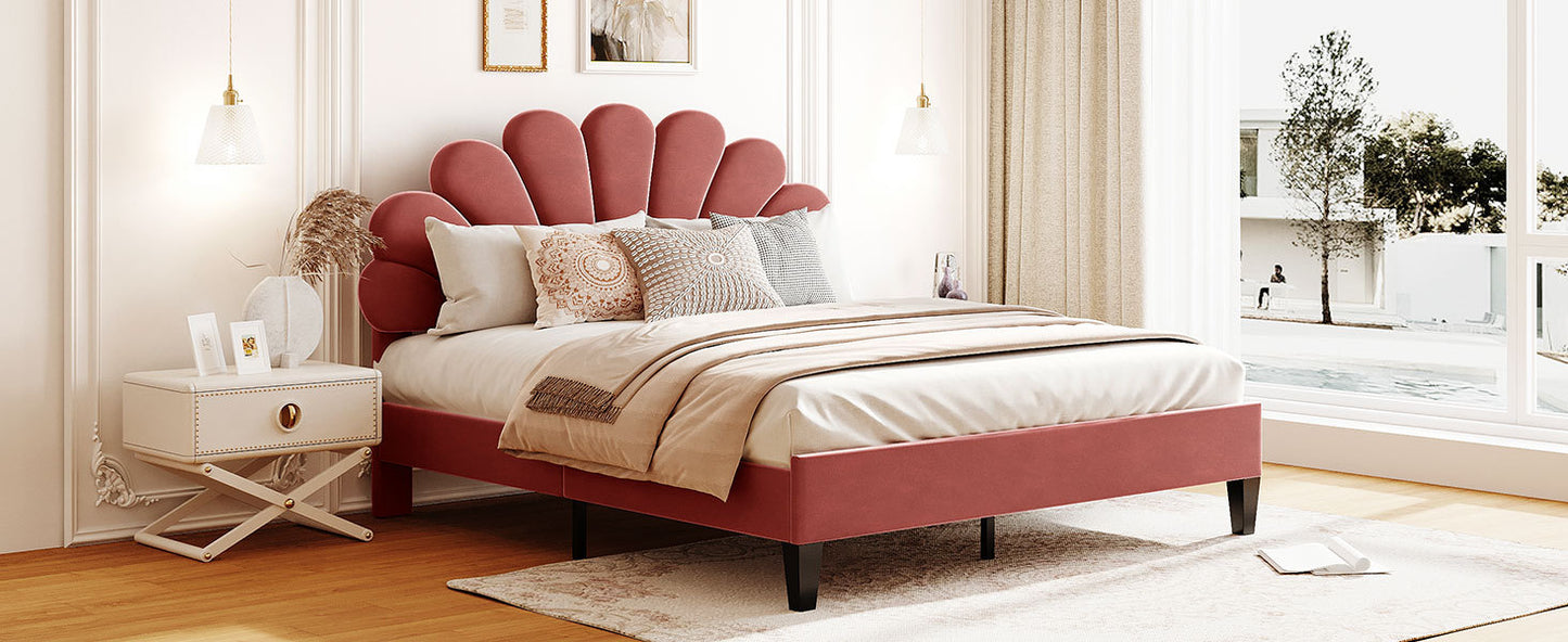 Pearl Velvet Upholstered Platform Queen Bed, Terracotta Red