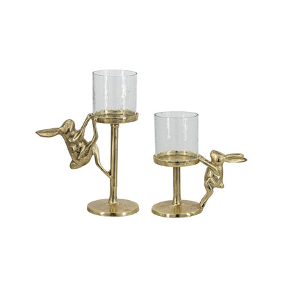 Gilded Rabbit Glass Hurricane Candle Holders, Set of 2