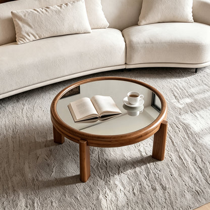Auden Round Mirrored Coffee Table, Natural Oak