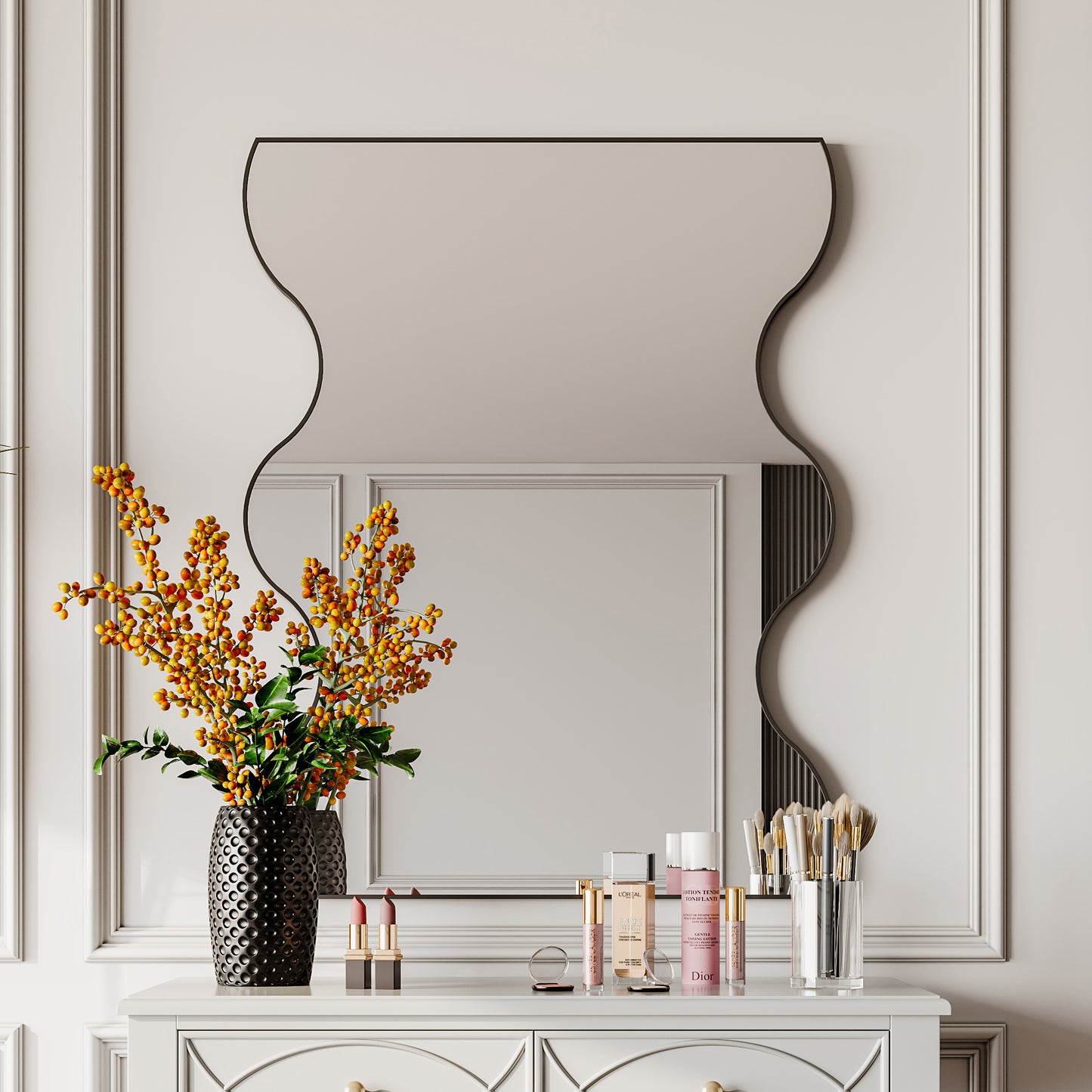 Wavy Wall Mirror, Black 30"x35"