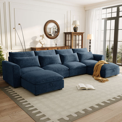 132” 6-Seat Modular U-Shaped Sectional Sofa with Storage Ottomans – Blue Linen Blend