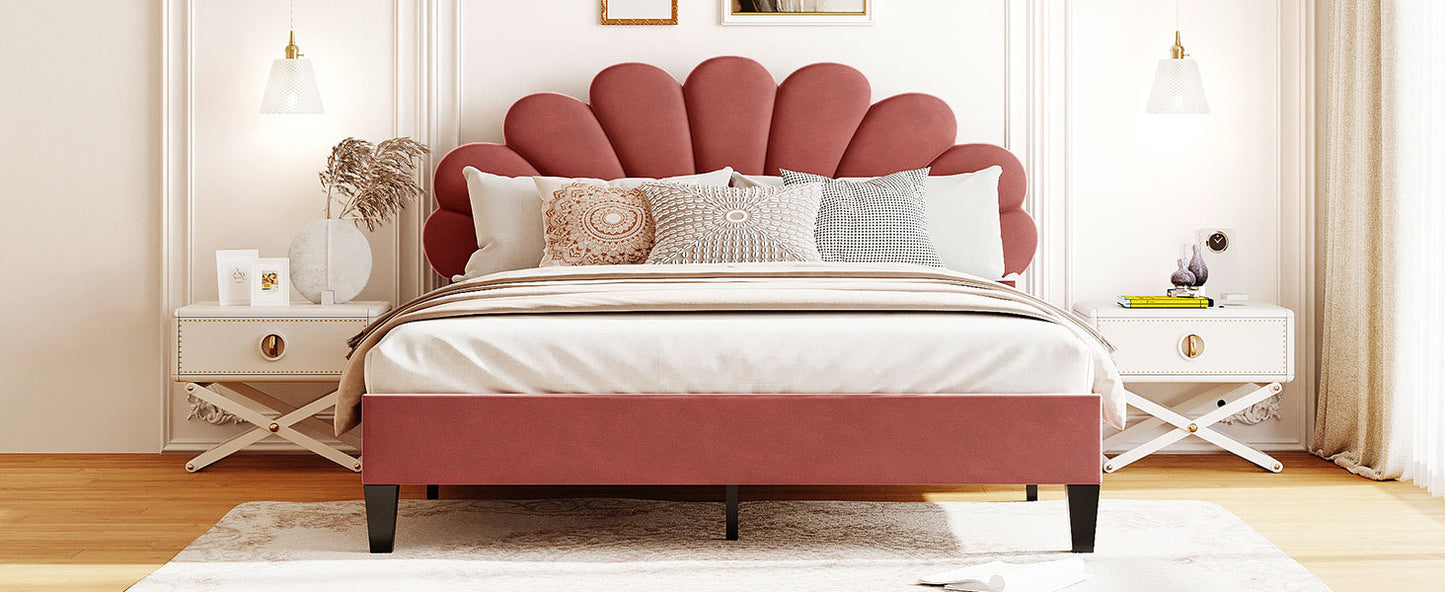 Pearl Velvet Upholstered Platform Queen Bed, Terracotta Red