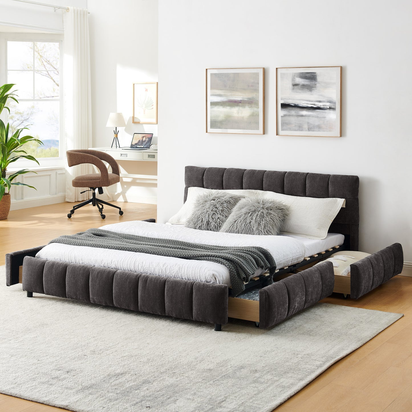Aria Upholstered Storage Platform Queen Bed, Dark Grey