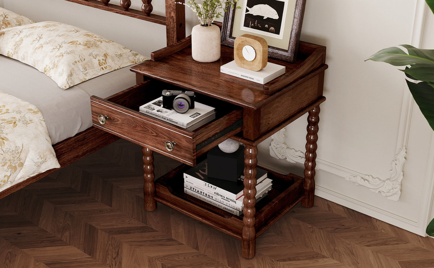 Cali Turned-Leg Nightstand, Walnut Finish
