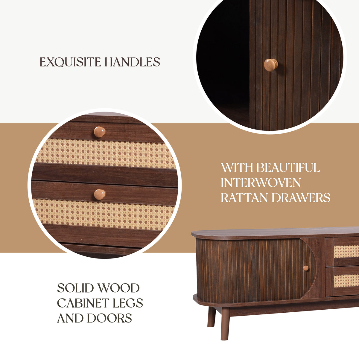 Milo Fluted Rattan Media Credenza, Walnut Brown