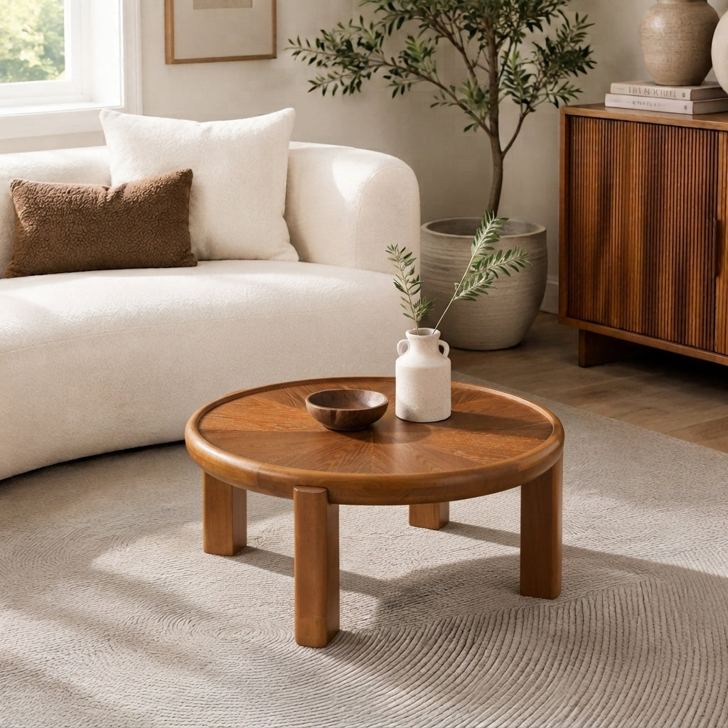 Soren Sunburst Round Coffee Table, Honey Oak Finish