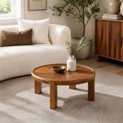 Soren Sunburst Round Coffee Table, Honey Oak Finish