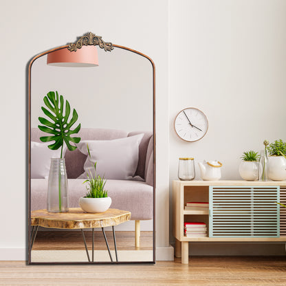 Ornate Arched Full-Length Mirror – 66” Antique Bronze Metal Frame