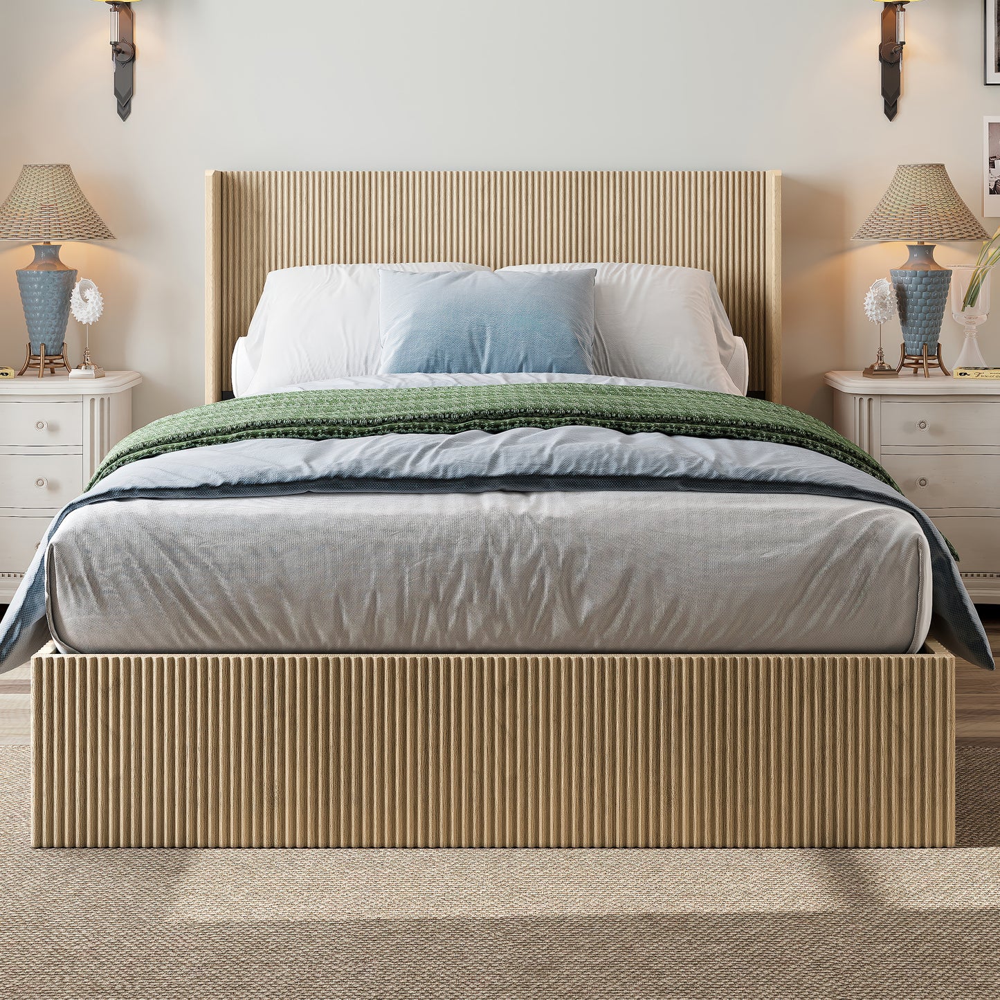 Groove Slat Queen Bed With Lift Storage, Oak