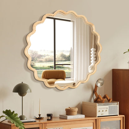 Solid Wood Wavy Round Mirror – 42” Natural Finish