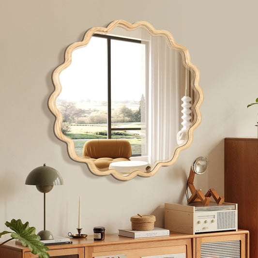Solid Wood Wavy Round Mirror – 42” Natural Finish