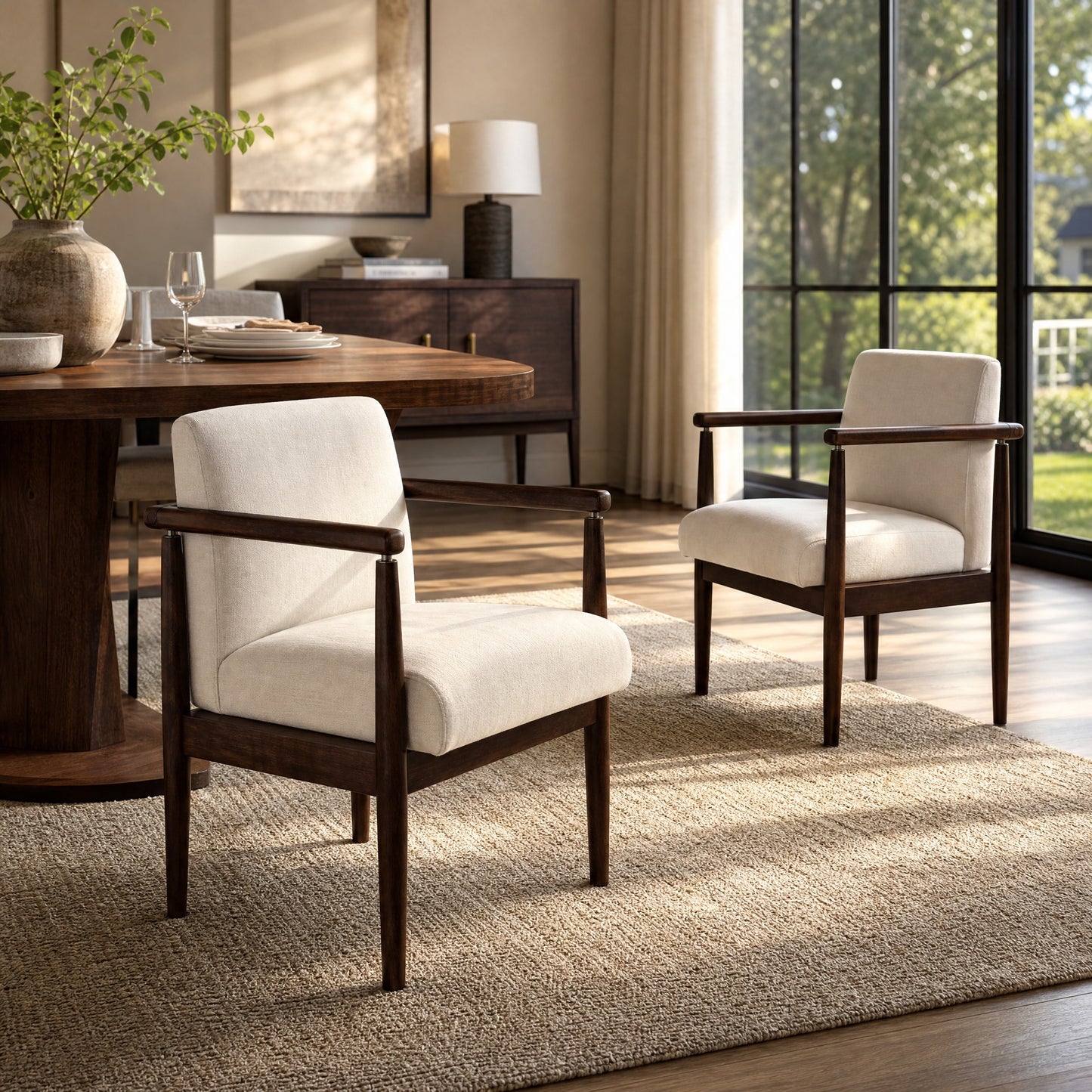 Callan Upholstered Walnut Dining Armchairs, Set of 2