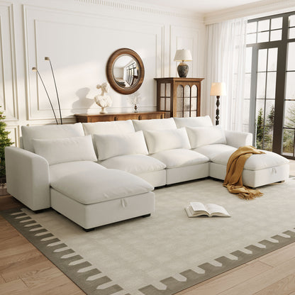 132” 6-Seat Modular U-Shaped Sectional Sofa with Storage Ottomans – Beige Linen Blend